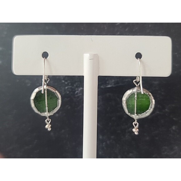 925 Sterling Silver Green Glass Pierced Dangling Beaded Earrings Vintage - Picture 4 of 10